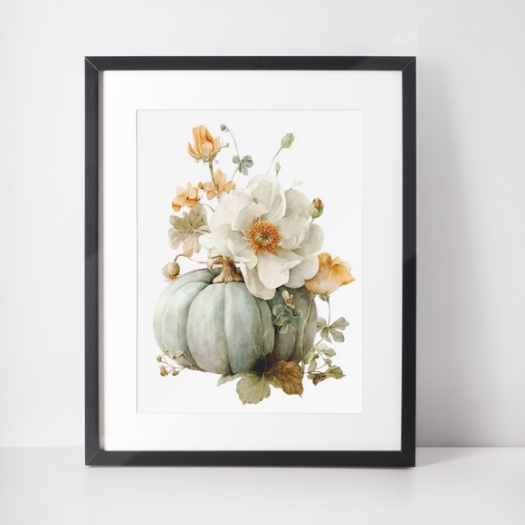 Watercolor Pumpkin with Flowers Wall Art Print Unframed - Cozy Autumn Elegance - Picture 4 of 7